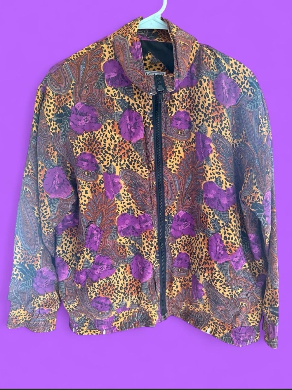 100% Silk Women's Purple Floral & Gold Print Bomber Jacket